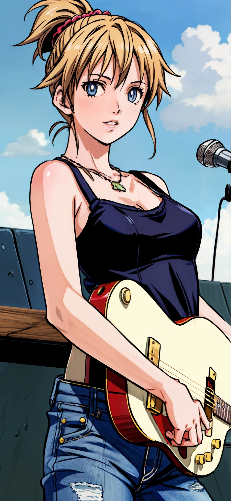 (highest quality,4K,8K,High resolution,table top:1.2), Super detailed, (realistic,photorealistic,photo-realistic:1.37), ((close up of face)),rage, Unfortunate,((blonde hair)), ((long hair)),black camisole, damaged denim jeans,necklace,((playing the guitar)),beautiful and detailed eyes, beautiful detailed lips, highly detailed eyes and face, long eyelashes, realistic anime 3D style, Smooth anime CG art, Digital rendering by Makoto Shinkai, Moe anime art style, photorealistic rendering of an anime girl, Shinkai Makoto style, Cute anime girl visuals, realistic young anime girl, girl fan art, Created by Anime Artist&#39;studio of.