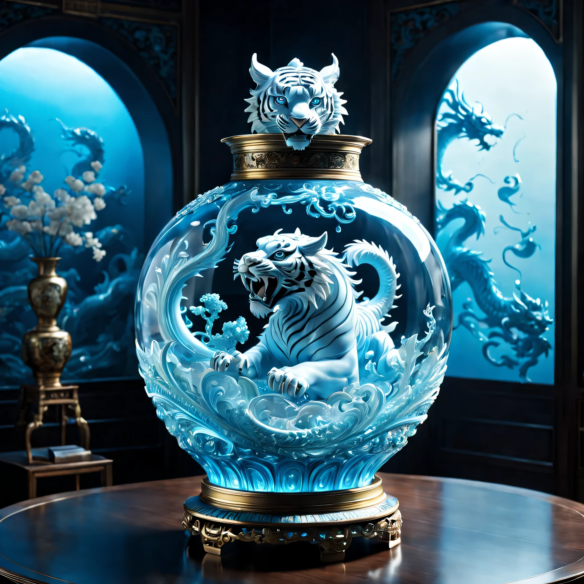 An oriental style vase is displayed in an empty room,There is a dragon and tiger inside, RococoStyle, Crystal nuclei, Realistic light depiction, interesting and complex, light blue, hidden academia, World pattern,The body of the vase is illuminated by light, RococoStyle, futuristic elements, Crystal nuclei, Chinese iconography, swirl, light blue, giant money sculpture, Futuristic fantasy style, light blue, An intricate underwater world, Realistic light depiction, clear colors, Crystal nuclei, Light cyan and white, An intricate underwater world风格, Crystal nuclei, chinapunk, swirl, light blue, Glowing portrait, light box,(best quality,4K,8k,high resolution,masterpiece:1.2),super detailed,(actual,realistically,lifelike:1.37),extremely detailed glass vase，There is a dragon and tiger on it,super detailedscp神器可以,Complex and gorgeous anime CGI style,Exquisite renderings of the Tang Dynasty,Better than Paul and James Ginn,complex artwork. Guilty car rendering,Complex 8K rendering,8k vray rendering,rendering art,filled with glass. Computer Graphics Association,High quality rendering