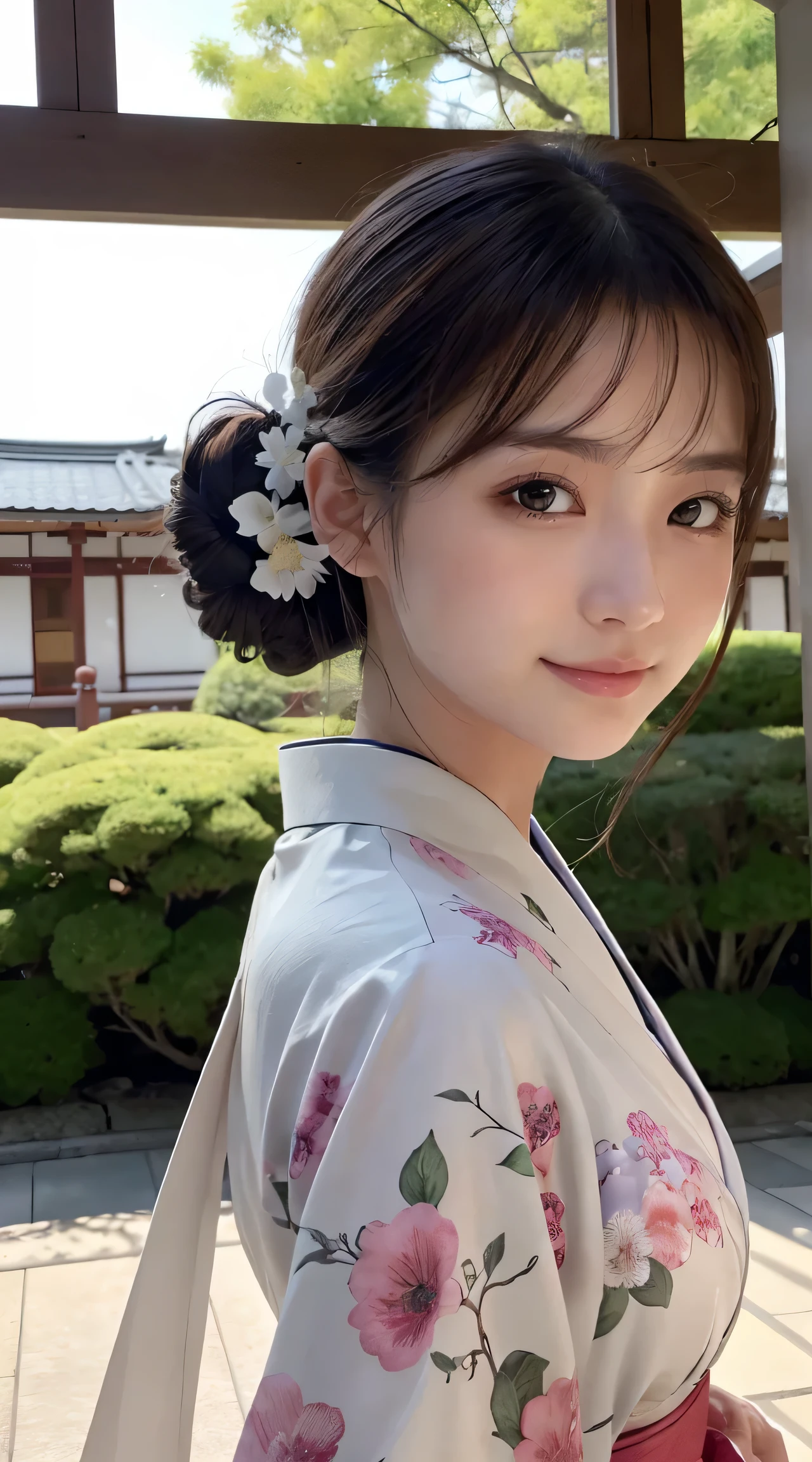 (Photoreal:1.4), (Top image quality:1.0), (Super high resolution:1.0), 8K, Raw photography, (masterpiece:0.2), (Pueros face_v1:0.5)、(最高quality Detail:1.2)、realistic、8K UHD、High resolution、(1 girl:1.2)、超detailedな、High quality textures、intricate details、detailed、Very detailed CG、High quality shadows、Beautiful and delicate face in every detail、Beautiful and delicate eyes in every detail、Depth of bounds written、ray tracing,1 girl, japanese girl, cute, thin, Elegant kimono,floral scrunchie, beautiful skin, Pose with movement,The faintly smiling country of Japan,Japanese garden,luxury Japanese room, sky porn, magic hour, (realistic:1.3), 細かくdetailedに, quality, (table top:1.2), (realistic:1.2), (最高quality), (複雑なdetailed), dramatic, ray tracing, photograph, +roller