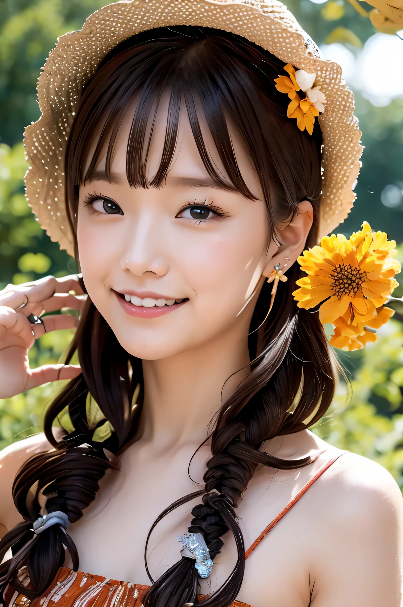 absurdres, highres, ultra detailed, 1girl, solo, extremely detailed eyes, starfish, seashell, shell, flower, hat, hair ornament, jewelry, straw hat, looking at viewer, sunglasses, hat flower, drinking straw, hairclip, earrings, red flower, tinted eyewear, yellow flower, bangs, english text, multicolored hair, orange flower, black hair, ring, cup, long hair, orange-tinted eyewear, food, brown hair, portrait, shell hair ornament