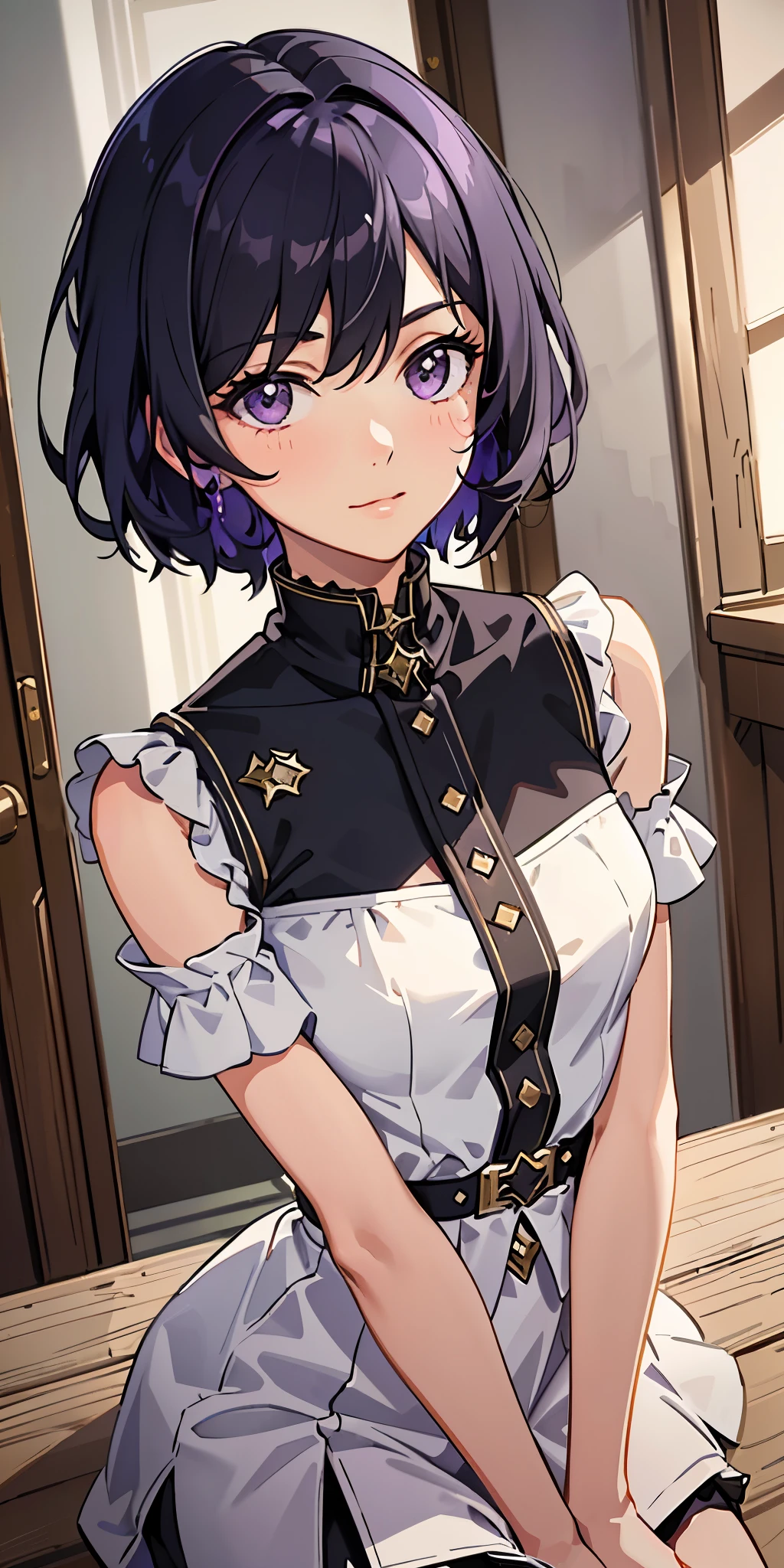 positive:((masterpiece)), (((best quality))), ((Super detailed)), ((illustration)), ((disheveled hair)), {{{1 girl}}}, short hair,purple eyes,black hair,