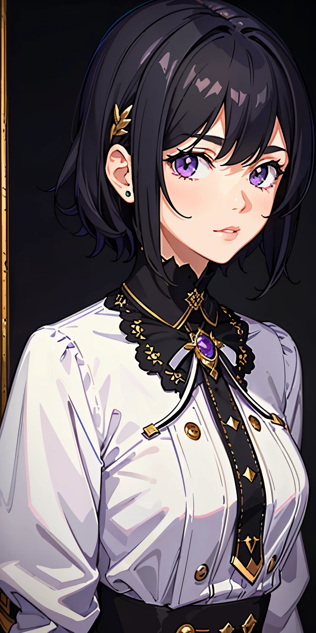 positive:((masterpiece)), (((best quality))), ((Super detailed)), ((illustration)), ((disheveled hair)), {{{1 girl}}}, short hair,purple eyes,black hair,