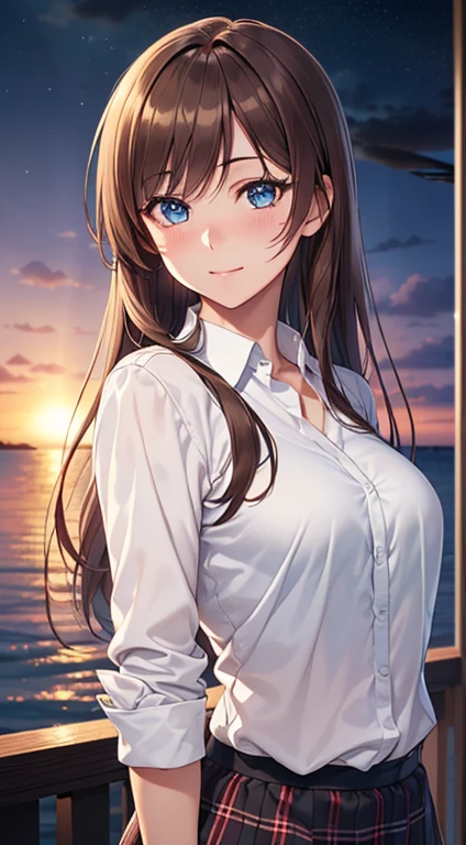 ((masterpiece, best quality, high resolution, ultra high definition, Pixel perfect, depth of field, 4K, RTX, human development report))), 1 girl, single, alone, sexy anime girl, beautiful art style, anime characters, ((long hair, Bangs, brown hair)), ((blue eyes:1.4, round eyes, beautiful eyelashes, realistic eyes)), ((Detailed face, blush:1.2)), ((smooth texture:0.75, lifelike质感:0.65, lifelike:1.1, Anime CG style)), medium breasts, dynamic angle, Perfect body, ((portrait, Throw)), ((White shirt, black色裙子, Plaid skirt, black)), Smile,Show off your breasts,Seaside at night
