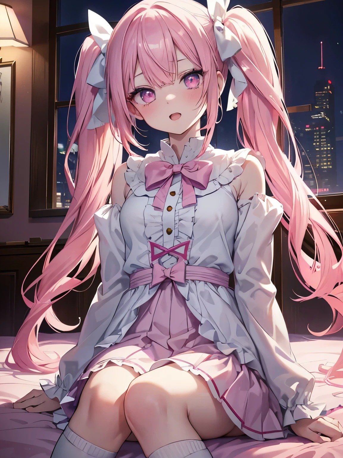 masutepiece, Highest Quality, (Perfect face:1.1), (high detailing:1.1), (ultradetailed eyes), Dramatic, superfine illustration, Extremely detailed,1girl in, teenager,(pale skin), Happy, Laugh, Enjoy,Open mouth,gloweyes,pinkhair, (long twintail),Ethereal eyes, pink eye,blush, Solo,Pouty lips,Cinematic lighting,looking forviewers,cowboy shot,Lolita clothes, Pink and white,frilld, bow ribbon, Long sleeve,knee high socks,night,indoor,bedroom, sit on bed
