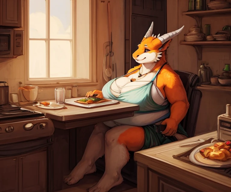 a solo, female, (morbidly obese) female (dragon) (colorful scales), (satisfied), standing, (inside), (kitchen), (chubby cheeks:1.2), (flabby arms:1.4), double chin, fat neck, (thight), obese, fat, bikini, (scales), large breast (hyper breasts), food, feeding, bald, tail aside, (scenery porn), (looking down:1.2) (full-length portrait:1.3) by oouna, (by sugarboy), (by thesociallyawkwardpinguin:0.8), (by whooo-ya:1.2), ussbbw,, eating, weight gain