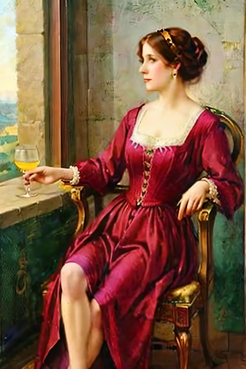 in a renaissance painting style, a woman is drinking a glass of red wine, she sits by the window looking away. Her dress reveals a nice cleavage and a leg