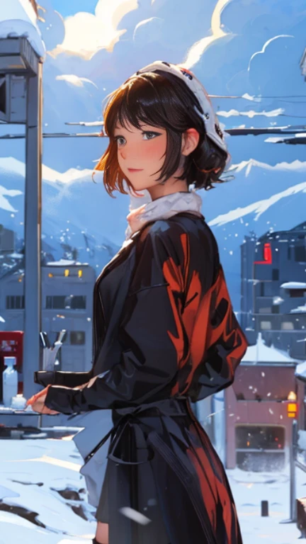 High-quality images, atmospheric perspective, 8 thousand, super detail, accurate, best quality, angle from below,mature woman, droopy eyes, blush, Walk through the city&#39;winter park, She is holding a small dog, food , busy, skyscrappers, snowfall, (white breath), skirt, thick stockings, high boots, shoulder bag, Knitted hat,