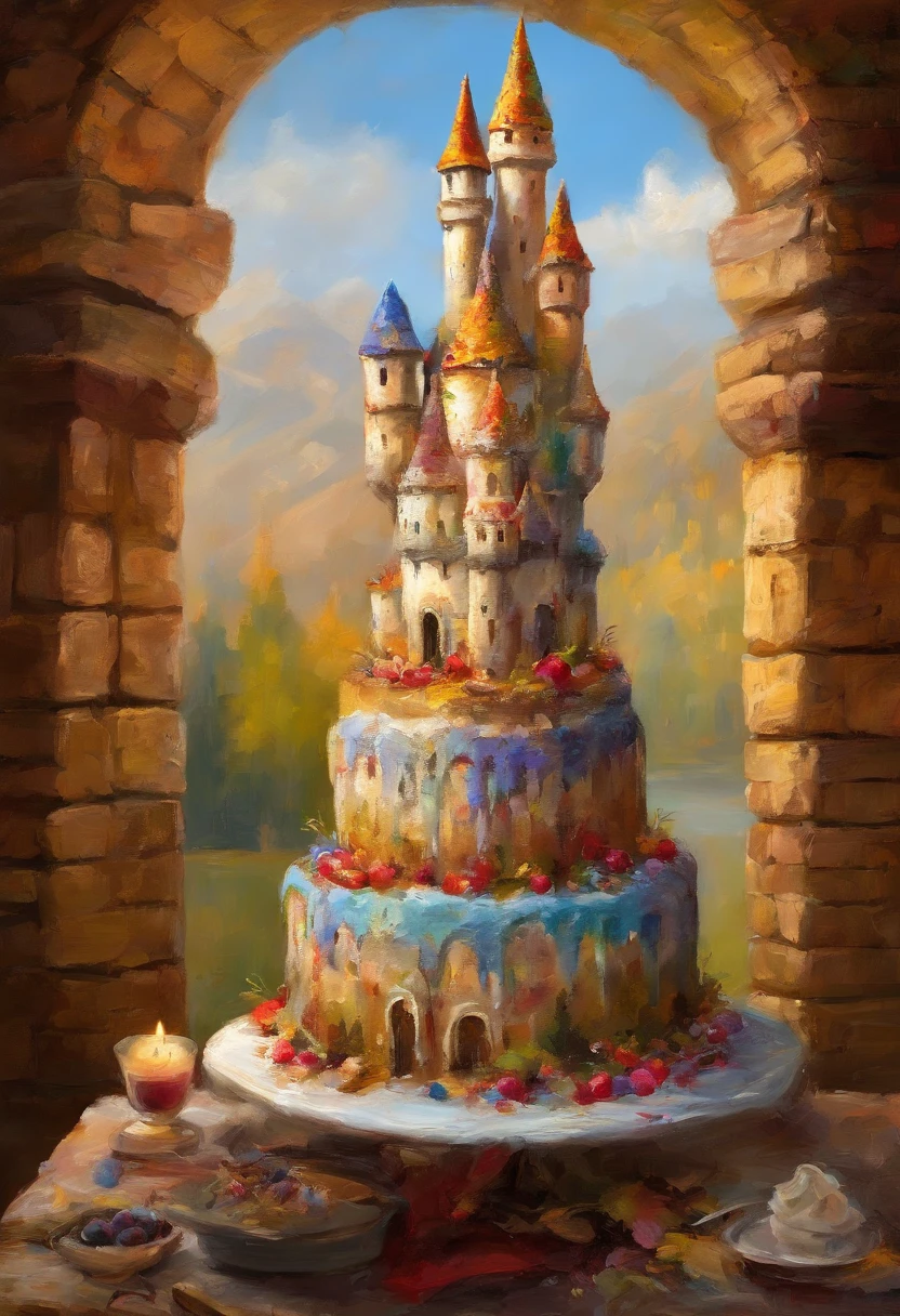 (best quality,masterpiece,ultra-high resolution,8k,lifelike,(cake castle:1.4),physically-based rendering,depth of field,bizarre,abstract,cake castle,surreal,gaming,scene,top-notch art,flawless craftsmanship,architecture made of cake)