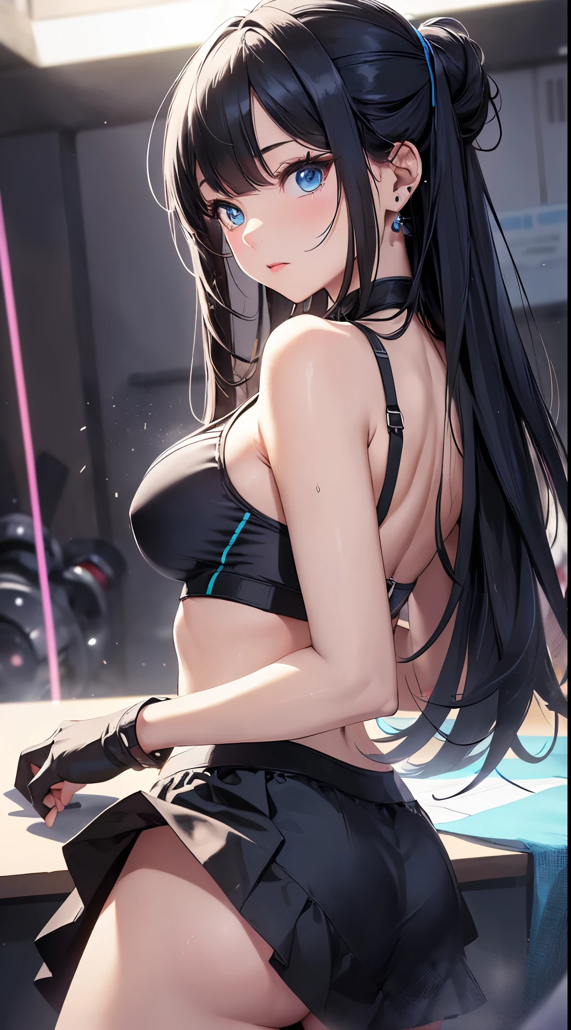 top quality、Top image quality、Masterpiece、girl with((cute little、18 years old、best bust、medium bust、Bust 85,beautiful blue eyes、Breasts wide open,long black hair、A slender one、middle knot、Black sports bra、white skirt,Reflect the whole body、Black pierced gloves、sweating、turn around、Sweat splatters、dance、Emphasize the buttocks))high quality、beautiful art、background with((club、Blue light、紫色Laser illumination、红色Laser illumination,Laser illumination,健身club、night、Virtual world)),on the table、Well-designed、visual art、depth of field、best lighting、most detailed、8k,Super exquisite