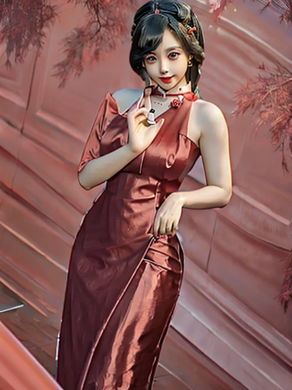 beauty girl myanmar ( (Crimson red-silk dress)