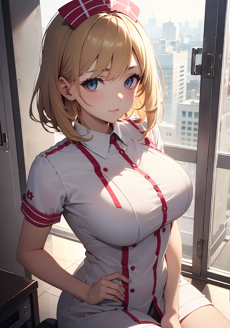 masterpiece, absurdres, best quality, ultra detailed, high Resolution, detailed illustration, extremely beautiful detailed face and eyes, bright colour, 1girl, (), cute face, Delicate beautiful face, magenta eyes, cute eyes, sparkling eyes, big eyes, medium breasts, (perky breasts:1.1), (pointy breasts:1.1), medium hips, glamorous body, white skin, happy, BREAK, long bob cut, (blonde hair:0.8), messy hair, detailed hair, shiny hair, BREAK nurse uniform, tiny ribbon, health check, Physical examination, hospital, real world, natural lights, perfect lighting,