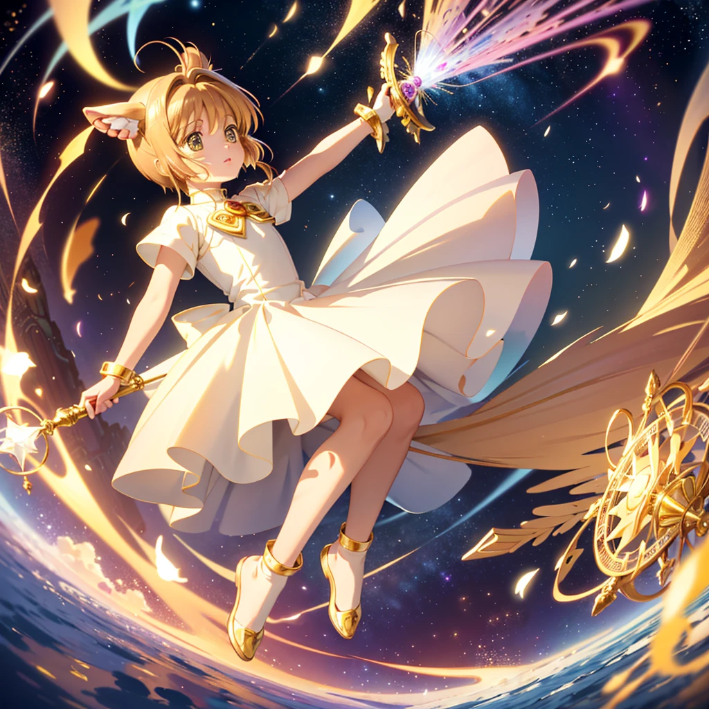 realistic, (masterpiece, excellent quality, highest quality, official art, beautiful and aesthetic: 1.2),(flight:1.4) very detailed, fractal art, colorful, more detailed, (abstract background: 1.5) (1 girl: 1.3), light brown hair, bright eyes, Hilarious, Hairstyle back, short hair, , milky way, Giant magic golden Sagittarius astrolabe, dream, fantasy, Golden trim, beautiful and detailed sky, Style and decoration, Female-only room,  (Sakura Cardcaptor)