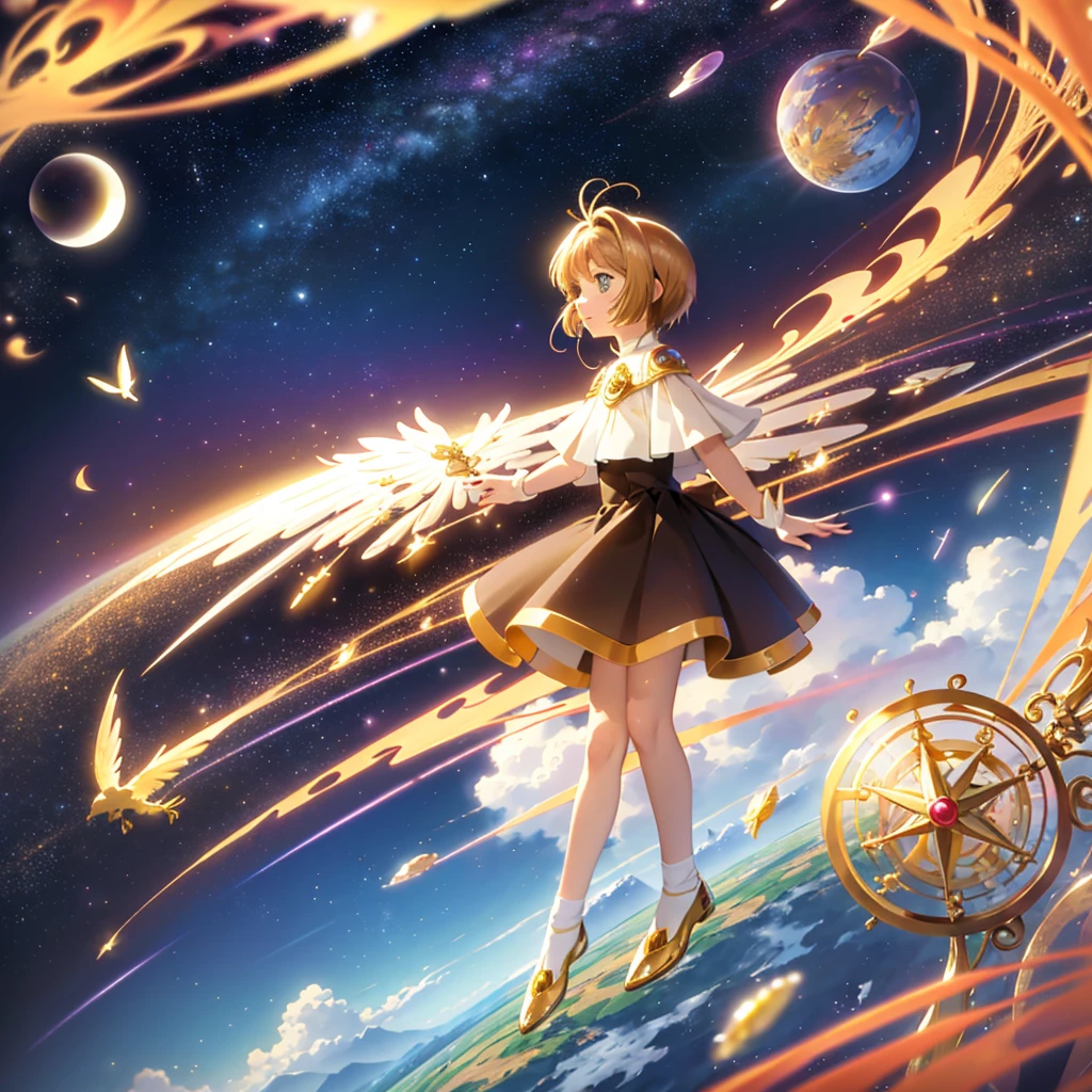 realistic, (masterpiece, excellent quality, highest quality, official art, beautiful and aesthetic: 1.2),(flight:1.4) very detailed, fractal art, colorful, more detailed, (abstract background: 1.5) (1 girl: 1.3), light brown hair, bright eyes, Hilarious, Hairstyle back, short hair, , milky way, Giant magic golden Sagittarius astrolabe, dream, fantasy, Golden trim, beautiful and detailed sky, Style and decoration, Female-only room, (Sakura Cardcaptor)