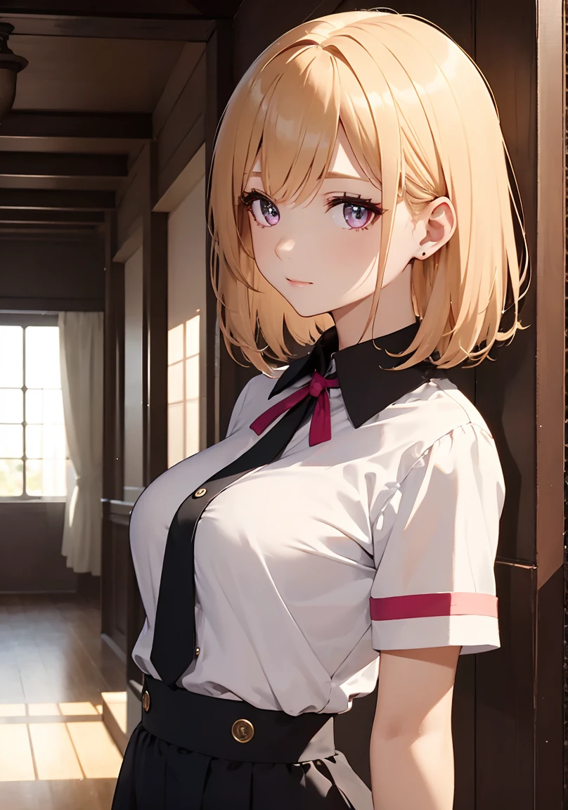 masterpiece, absurdres, best quality, ultra detailed, high Resolution, detailed illustration, extremely beautiful detailed face and eyes, bright colour, 1girl, (), cute face, Delicate beautiful face, magenta eyes, cute eyes, sparkling eyes, big eyes, medium breasts, (perky breasts:1.1), (pointy breasts:1.1), medium hips, glamorous body, white skin, happy, BREAK, long bob cut, (blonde hair:0.8), messy hair, detailed hair, shiny hair, BREAK nurse uniform, tiny ribbon, health check, Physical examination, hospital, real world, natural lights, perfect lighting,