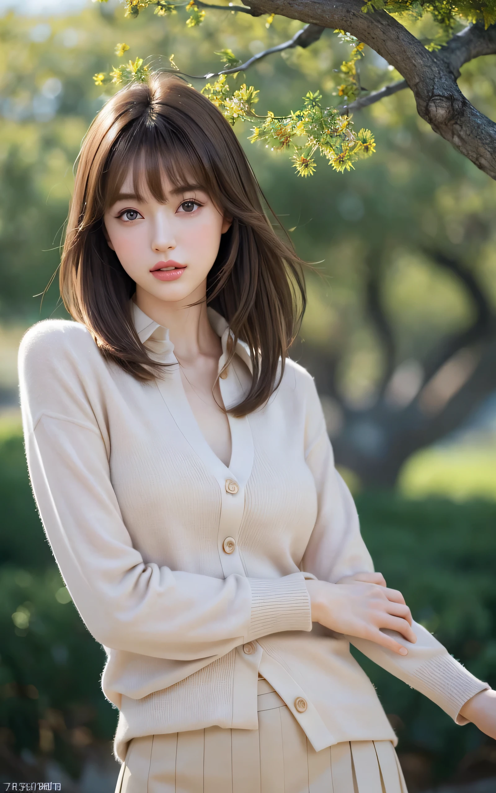 (8K, high resolution, Best quality, masterpiece:1.2)、1 japanese girl, cute, girly, pretty, Gentle face、shiny lips、Natural makeup, open your mouth to say something, (Catch light:1.2), Medium Hair, Smooth Light Brown Hair、Hair swaying in the wind, bangs、8K、high detailing、detailed hairstyle、detailed face、detailed eyes、spectacular movie lighting、octane renderings、with a vibrant、Ultra-realistic、Perfect limbs、perfect anatomia, Beautiful proportions, Blouses, cardigans, skirts,