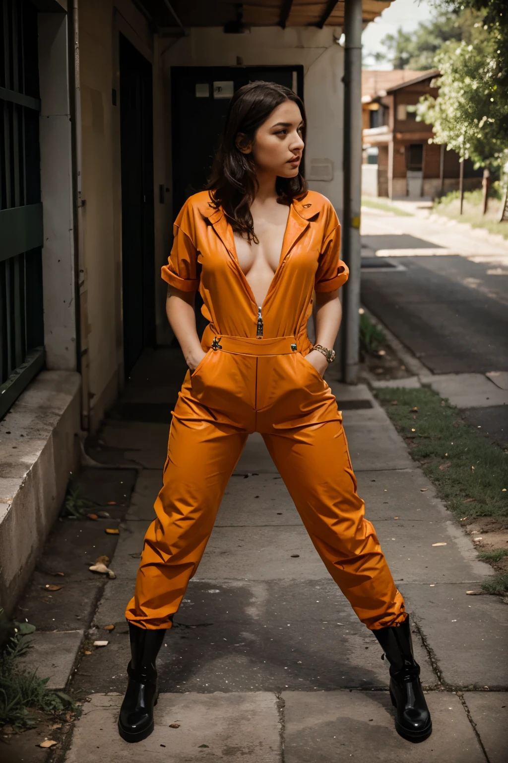 a girl in jail wearing an orange prison rubber jumpsuit and green Hunter rubber boots