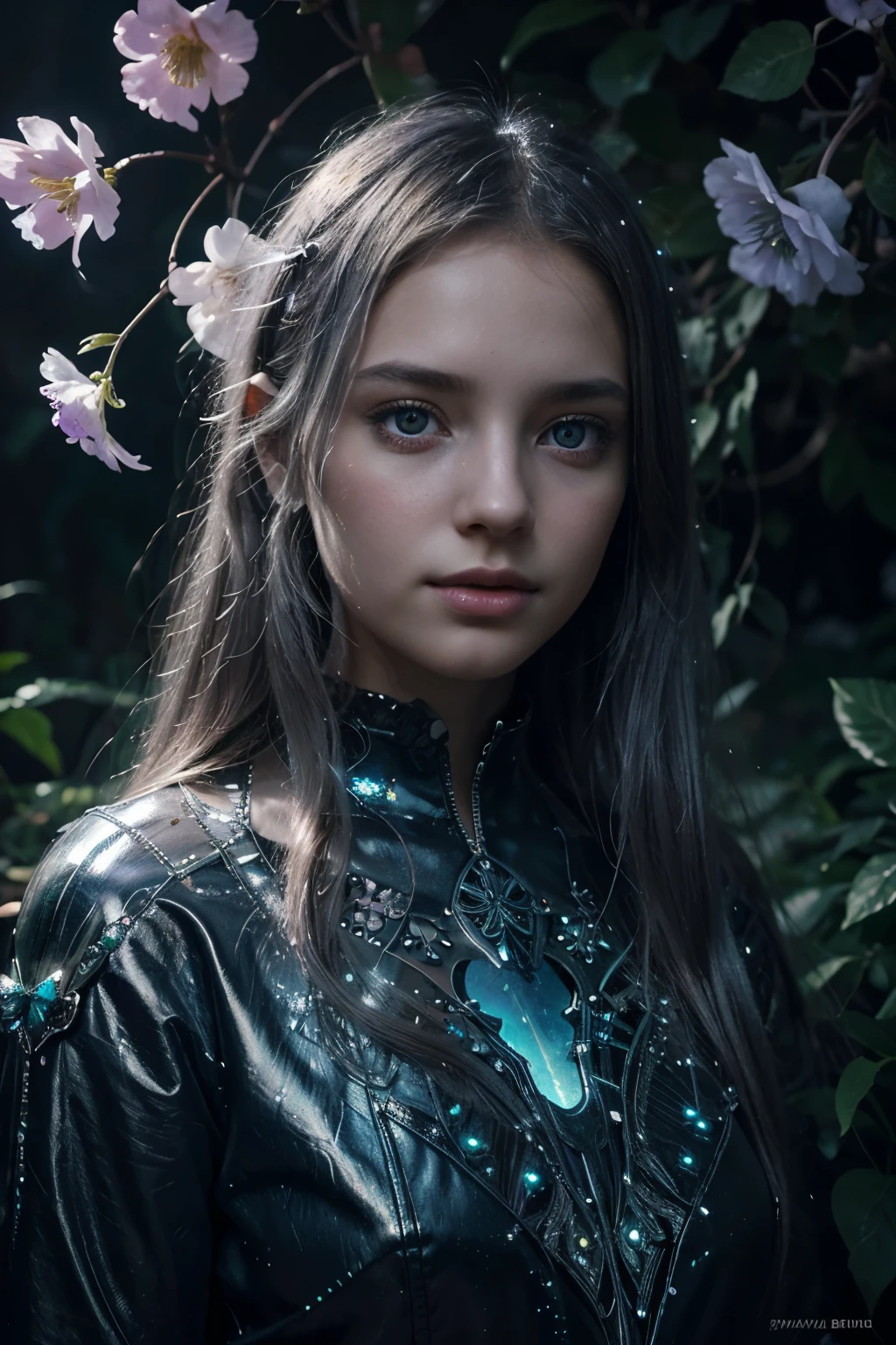A striking portrait of a young girl with ethereal silver eyes, surrounded by a surreal garden of bioluminescent flowers and floating crystals, capturing a sense of mystique and wonder, Illustration, digital art