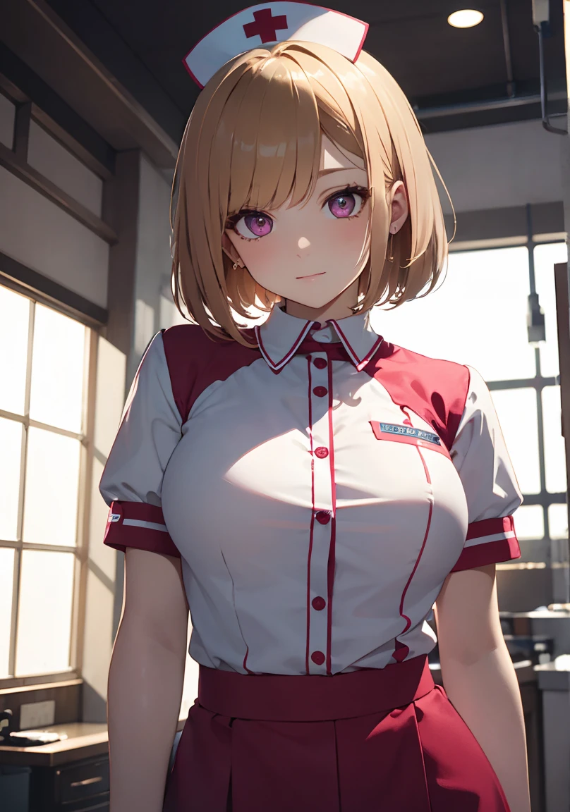 masterpiece, absurdres, best quality, ultra detailed, high Resolution, detailed illustration, extremely beautiful detailed face and eyes, bright colour, 1girl, (), cute face, Delicate beautiful face, magenta eyes, cute eyes, sparkling eyes, big eyes, medium breasts, (perky breasts:1.1), (pointy breasts:1.1), medium hips, glamorous body, white skin, happy, BREAK, long bob cut, (blonde hair:0.8), messy hair, detailed hair, shiny hair, BREAK nurse uniform, tiny ribbon, health check, Physical examination, hospital, real world, natural lights, perfect lighting,