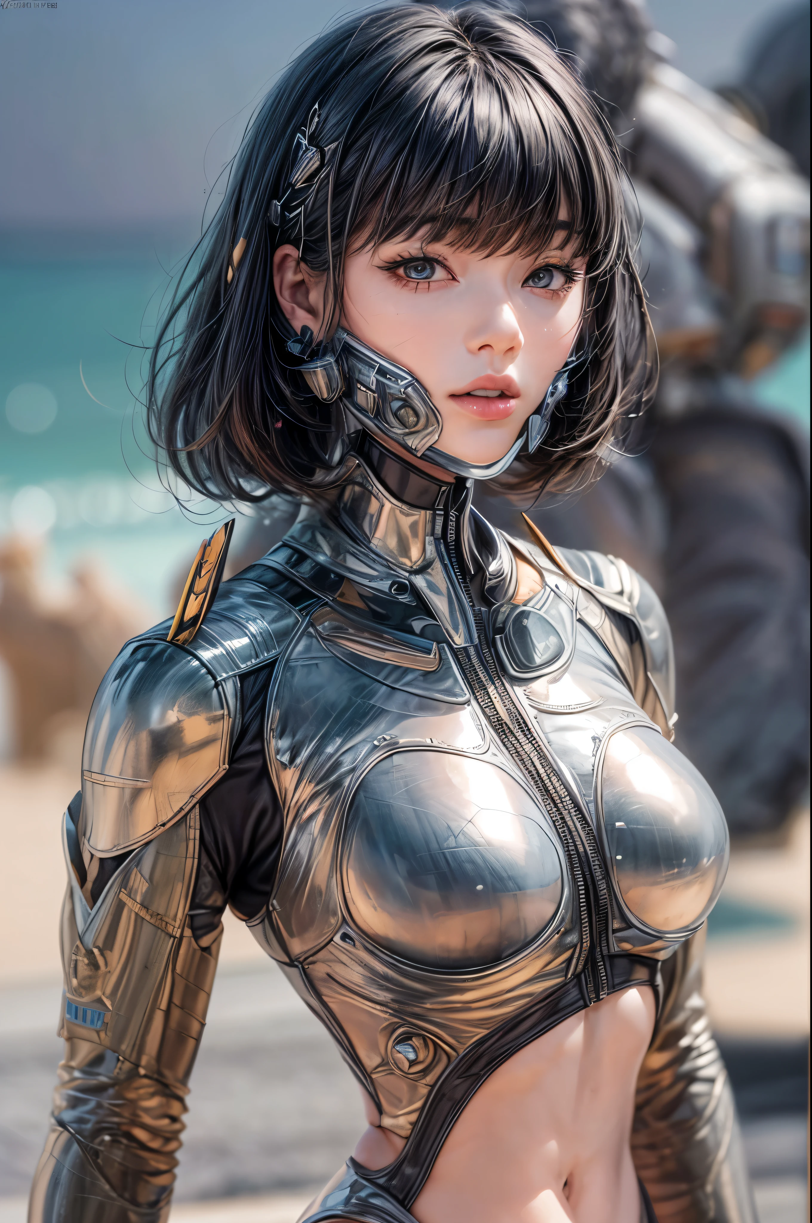 delicate face, 20-year-old kpop idol cyborg girl, dark(carbon fiber high leg cut leotard), Chest opening, {{angled bob}}, (big breasts:1.25), (mechanical joint), bangs, attractive curves, mid pelvis, seaside, standing posture, beach, glowing skin, ((puffyareolas)), (standing), dynamic pose, spread legs, (camel toe, cameltoe, vulvashaped:1.275), cyberpunk, sci-fi, (upper body:1.275), (8k, RAW photo, best quality, masterpiece: 1.47), (nsfw:1.275)