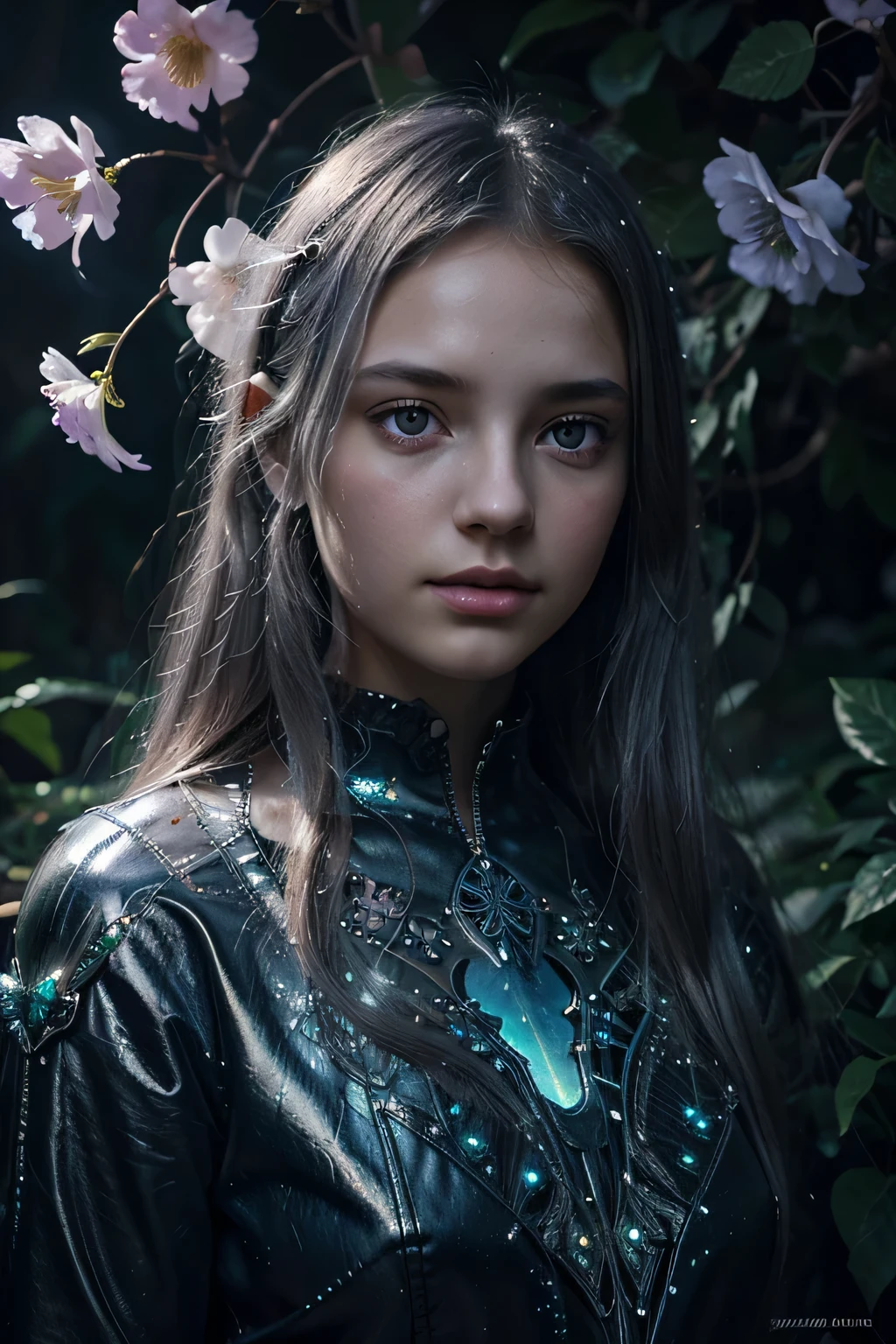 A striking portrait of a young girl with ethereal silver eyes, surrounded by a surreal garden of bioluminescent flowers and floating crystals, capturing a sense of mystique and wonder, Illustration, digital art