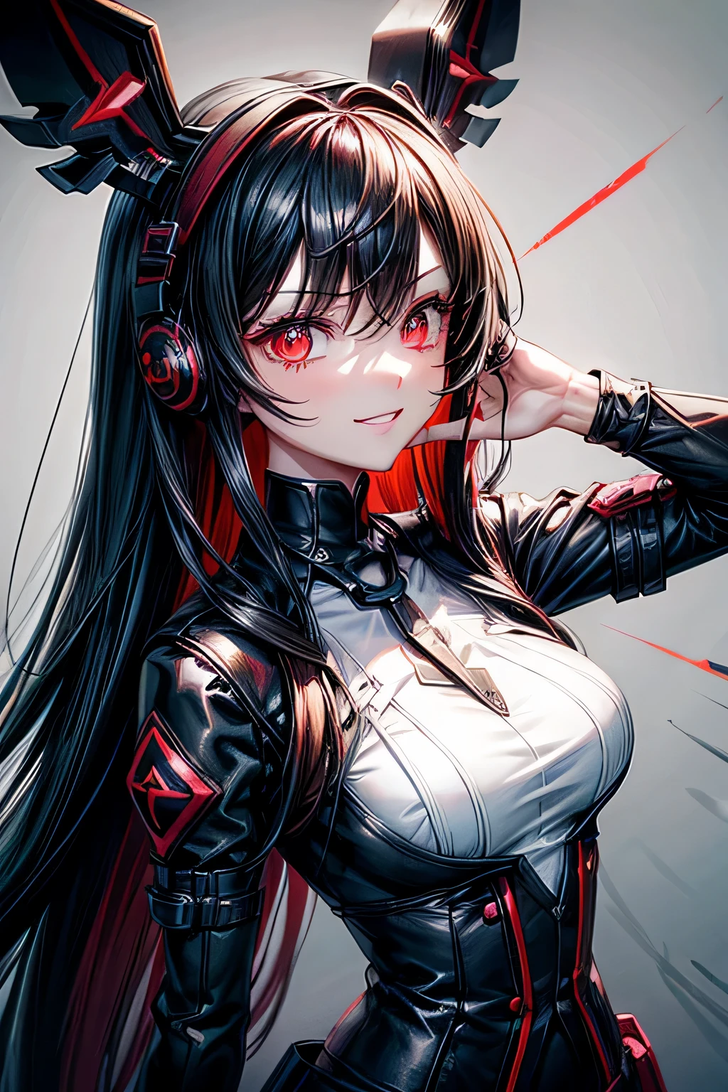 Create a dynamic anime character with long black hair and red highlights, styled in a side braid. Add unique goggles, an anchor choker, and headphones. Focus on intense, expressive eyes with happy tears and a grin. Use vibrant colors with darker tones, sharp character design, cinematic lighting, and ray tracing. Ensure anatomical accuracy and high detail in a monochrome palette with red accents.