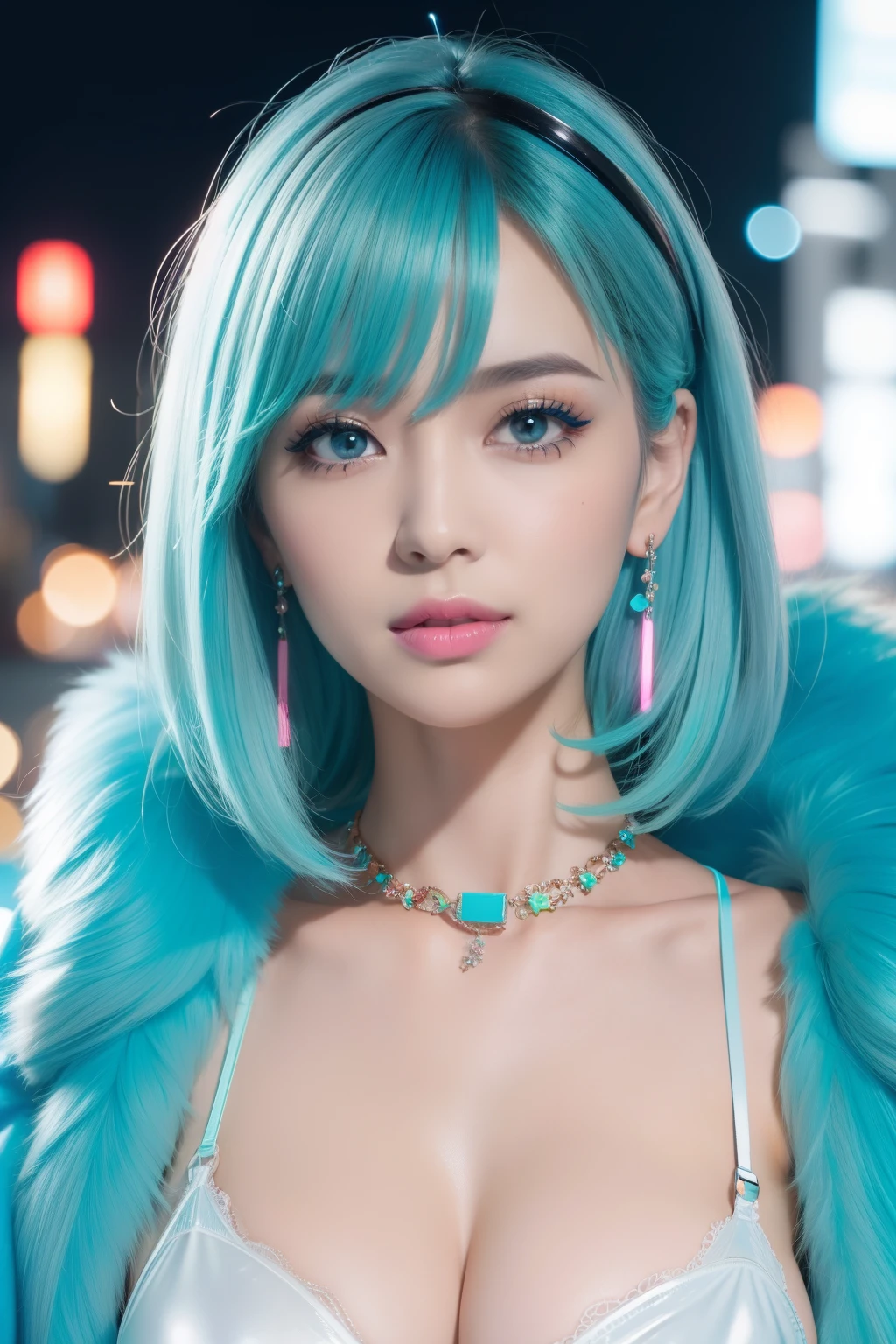 female idol、nude lip gloss、smiling face、smoky eyeshadow、winged eyeliner、defined brows、dramatic lashes、(((face closeup)))、shiny very large earrings(neon cyan)、shiny very large necklace(neon cyan)、(shiny glossy latex brazilian string bra(neon cyan))、(shiny glossy latex brazilian string tanga(neon cyan))、clutch(neon cyan)、((colorful short hair(neon cyan)))、long white fluffy fur coat with white fluffy fur(bright white)、conceptual art, High quality, Realistic, extremely detailed CG unified 8k wallpaper, highly detailed, High-definition raw color photos, professional photography, Cinematic Light, Beautiful detailed, Super Detail, high detail, (((Bokeh))), depth of fields, illumination, Neon Street, Super stylish lighting