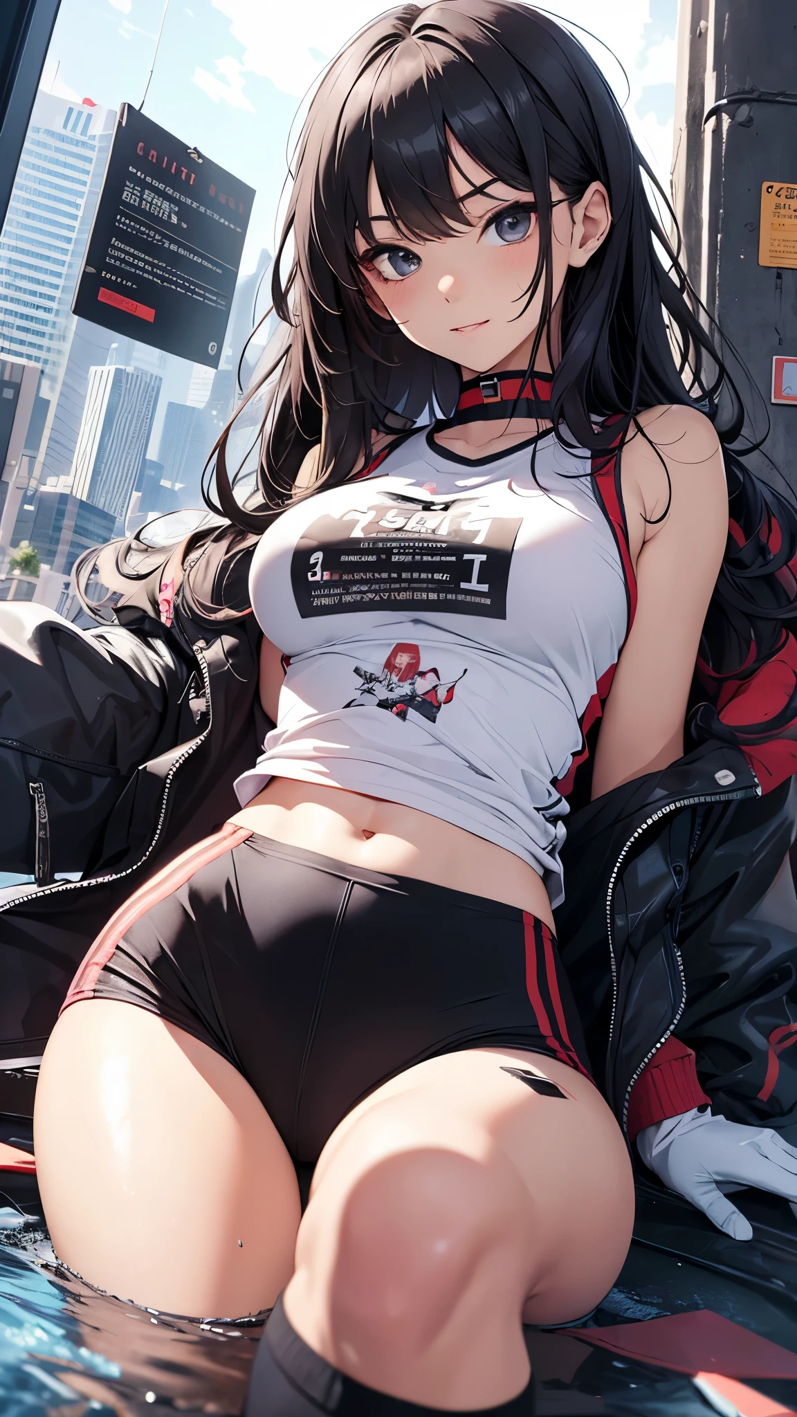 最high quality、Best image quality、masterpiece、age girl((18 years old、 by becoming、vest bust、medium bust,Big chest tea、black eyes, black hair、long hair、thin,highest valley、Tattered black t-shirt(2:3)、cute smile,damaged pants(2:3)、perforated gloves、knee support、bubble gum)),high quality、beautiful art、background((cyber gym)),debris flying、writing border depth、、visual art、perfect art、8k,real
