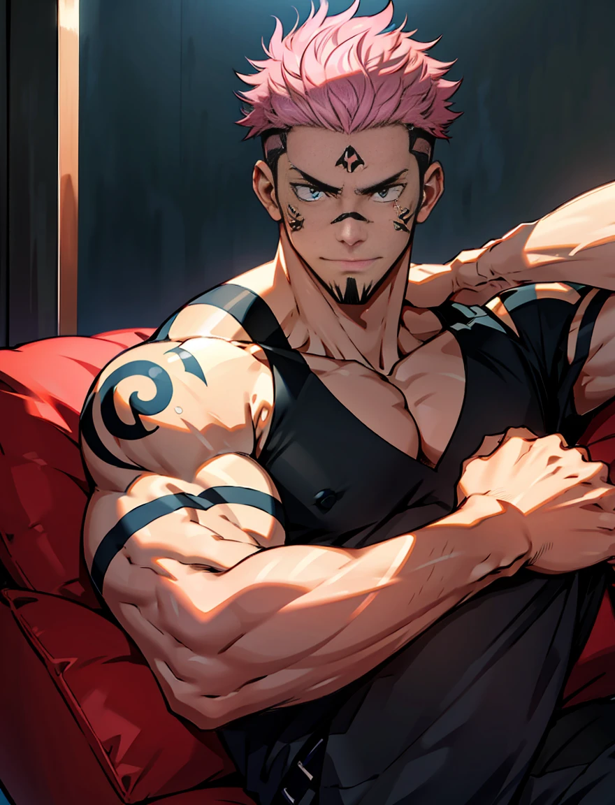 highest quality, 8K, high resolution image, anime style Jujutsu Kaisen, detailed strokes, bored look, blurry, purple light reflecting from it, 1 man, male, model, cool guy, strong Man, multicolored background with different geometric shapes, around stickers, muscular, neon green hair, red eyes, short hair hairstyle: undercut, puffy chest.  He wears a shirt unbuttoned halfway so that you can see a well-trained man's chest and black sweatpants, his appearance is elegant but sloppy.he wears a long link chain around his neck , shaved body, hand in trouser pocket, gold link chain, background: city, street, cars, taxi, people,