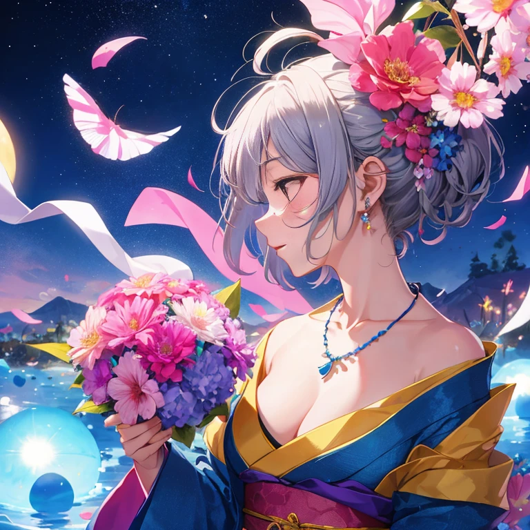 giant moon, 1 girl, alone, short hair, hair decoration, jewelry, kimono, upper body, flower, gray hair, hair flower, necklace, profile, pink flower, blue flower, abstract, vivid is flower, dancing flower, realistic flower