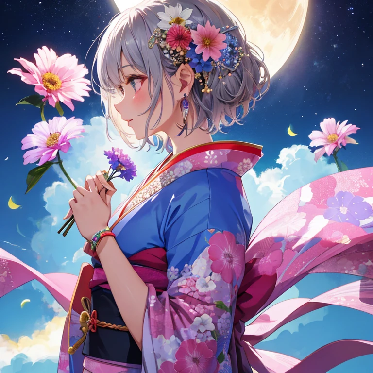 giant moon, 1 girl, alone, short hair, hair decoration, jewelry, kimono, upper body, flower, gray hair, hair flower, necklace, profile, pink flower, blue flower, abstract, vivid is flower, dancing flower, realistic flower