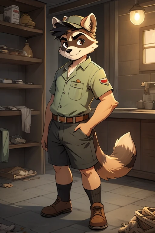 hi-res, good graphics, great anatomy, anatomically correct, digital art, detailed body. Character design, Character Sheet, Character: Mateo, Age: 15, Male, Race/Species: Raccoon, Clothing: Torn clothes, Occupation: Trash collector/Shopkeeper, Living in: the sewers. Cartoon style, cartoon-ish, anime