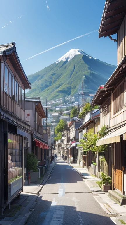 ((Background only)), (masterpiece), (top quality), (details), (realistic), (16k), (exquisite), (absurdres),Shopping Street、vending machine、utility pole、housing、Mt. Haruna in the background、