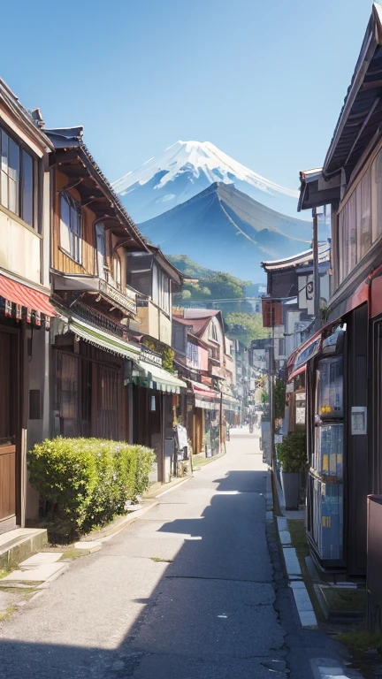 ((Background only)), (masterpiece), (top quality), (details), (realistic), (16k), (exquisite), (absurdres),Shopping Street、vending machine、utility pole、housing、Mt. Haruna in the background、