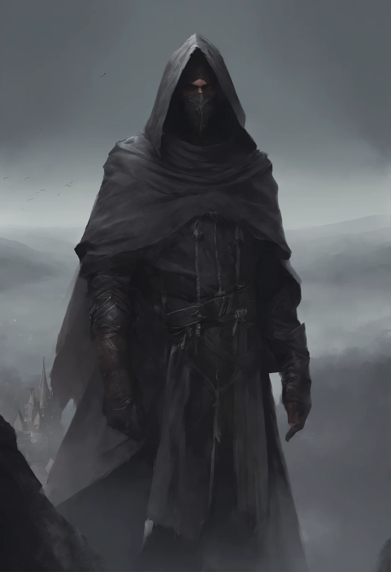 thieff, medieval man, gray sky, man, digital art, digital art style, hooded man, dark dress