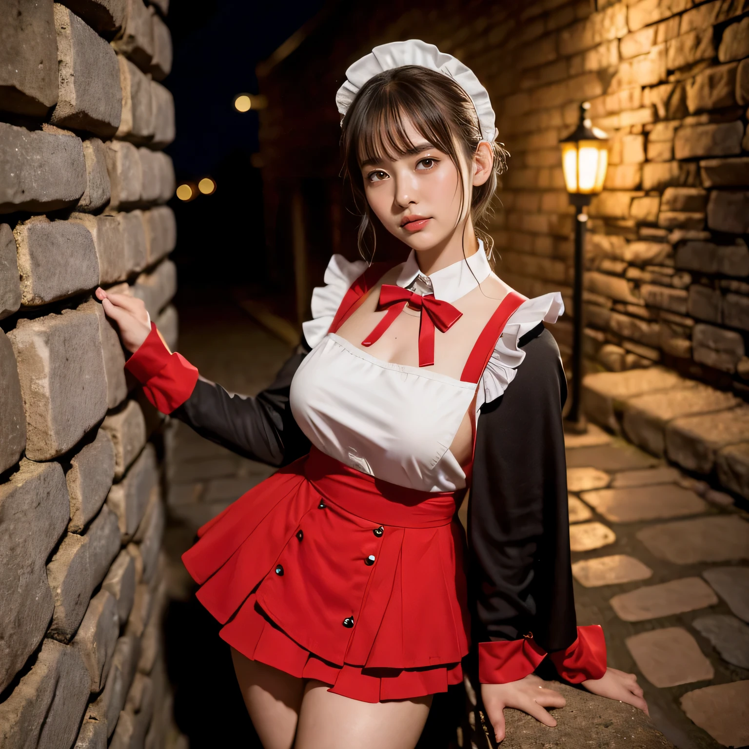 8K quality、masterpiece、live-action、real human feeling、realistic skin texture、natural skin、A maid in a maid cafe wearing a red hood is leaning against a stone wall.、Bewitching Japan Woman、toned body、micro mini skirt、A city with cobblestone floors、night、cinematic lighting