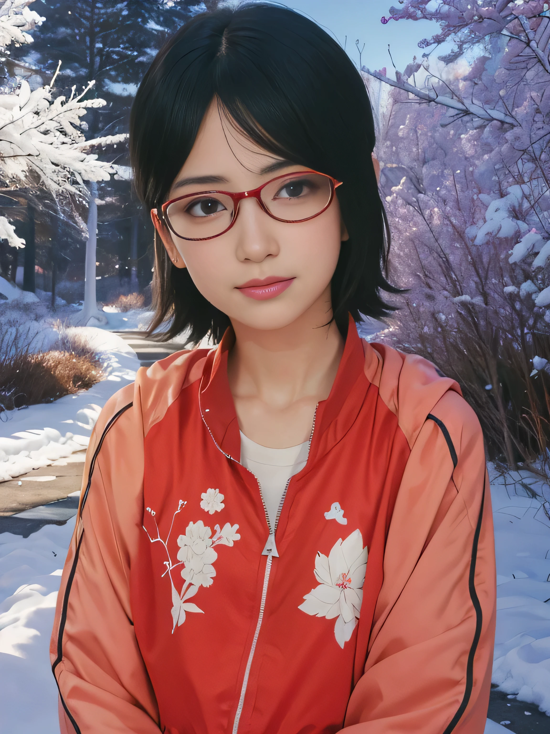 masterpiece, best quality, (realistic,photo-realistic:1.4), (RAW photo:1.2), extremely detailed CG unity 8k wallpaper, delicate and beautiful, amazing,finely detail, official art, absurdres, incredibly absurdres, huge filesize, ultra-detailed,extremely detailed eyes and face,light on face,little smile,(black hair:1.4)short hair,(wearing jacket:1.4),snow background,(wearing red framed glasses:0.5),sarada
