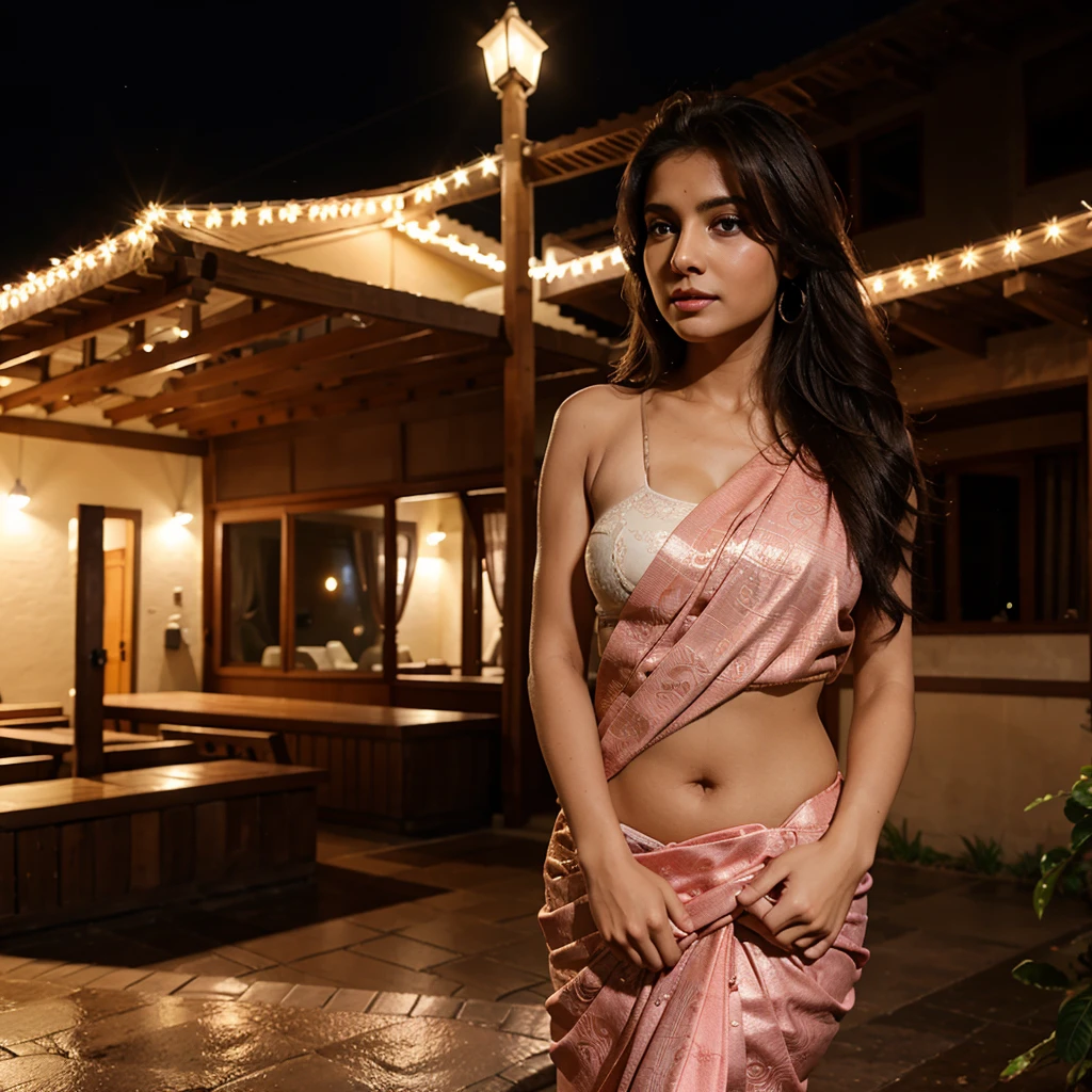 A Beautiful Indian milf with blue eyes pink lips ,glowing fair skin wearing brown saree, background night