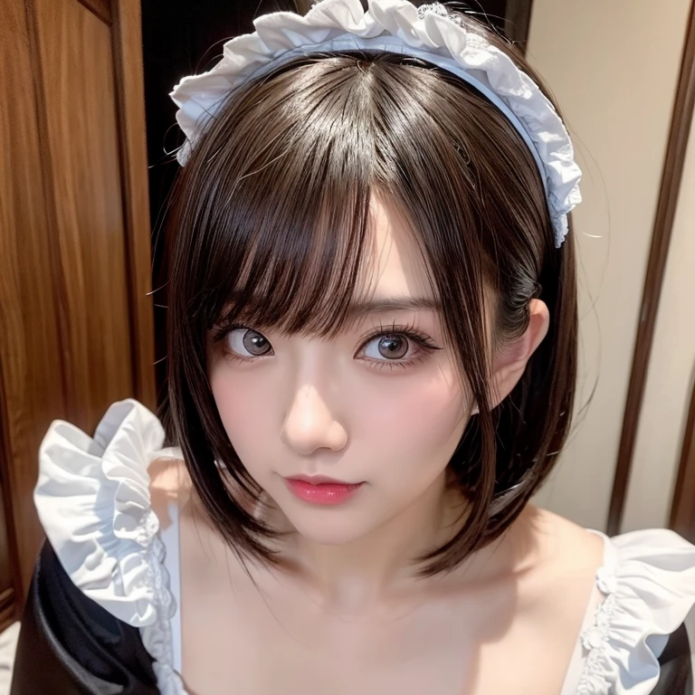 Big eyes,Natural Makeup, (Redhead with half-tails), (Big smile), Laughter, Symmetrical cute face,Round face, Red eyes, (White headdress、Clothes with frills, Black lace clothes),, girl, whole body, , (masterpiece,Best image quality:1.3),(detailed:1.2),(One Girl), A cute black maid outfit, Dark Night))),(((Open maid uniform))),(((nude))),(((おっぱいのdetailed))),(((Nipples)))、(((No bra)))、(((観客にNipplesを見せる)))