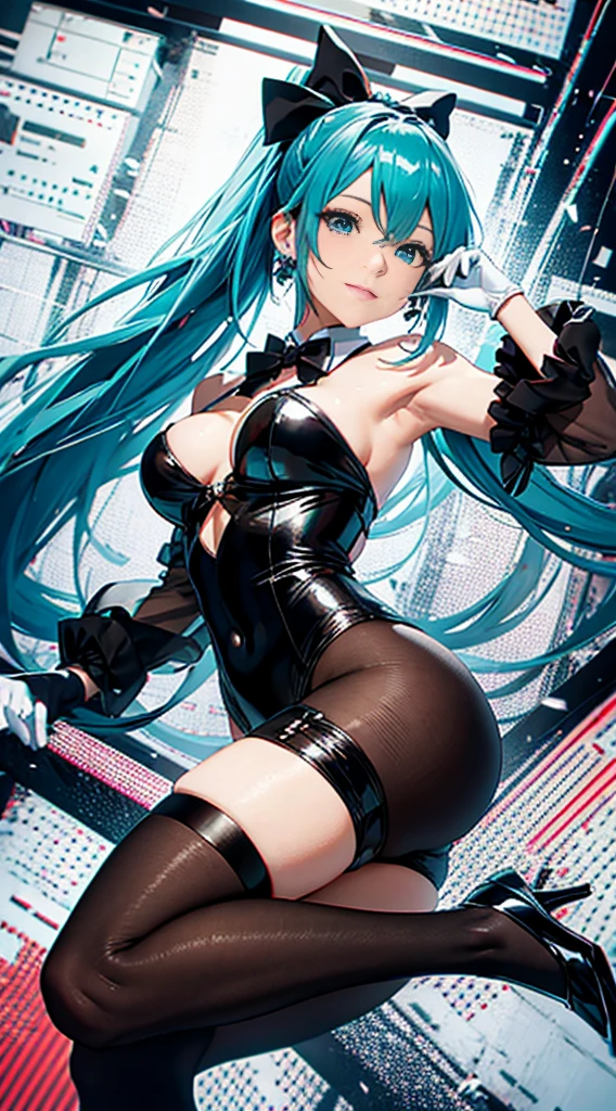 ultra detailed, Hatsune Miku, ((miracle paint)), photorealistic, cinematic lighting, (seductive anime girl), beautiful style, fair skin, beautiful charming anime woman, masterpiece portrait, smile, shining blue eyes, magician's outfit, ((Blue-green long hair, ponytail, earrings, black top hat, red bow tie, black bodysuit, black tuxedo, dark brown knitted tights, black high heels, white gloves)), dance with a stick, 