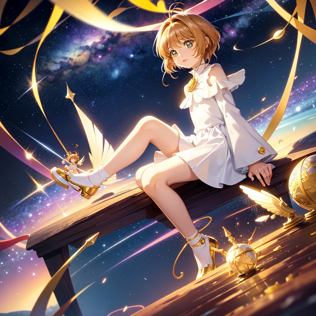 realistic, (masterpiece, excellent quality, highest quality, official art, beautiful and aesthetic: 1.2),(flight:1.4) very detailed, fractal art, colorful, more detailed, (abstract background: 1.5) (1 girl: 1.3), light brown hair, bright eyes, Hilarious, Hairstyle back, short hair, , milky way, Giant magic golden Sagittarius astrolabe, dream, fantasy, Golden trim, beautiful and detailed sky, Style and decoration, Female-only room, (Sakura Cardcaptor)