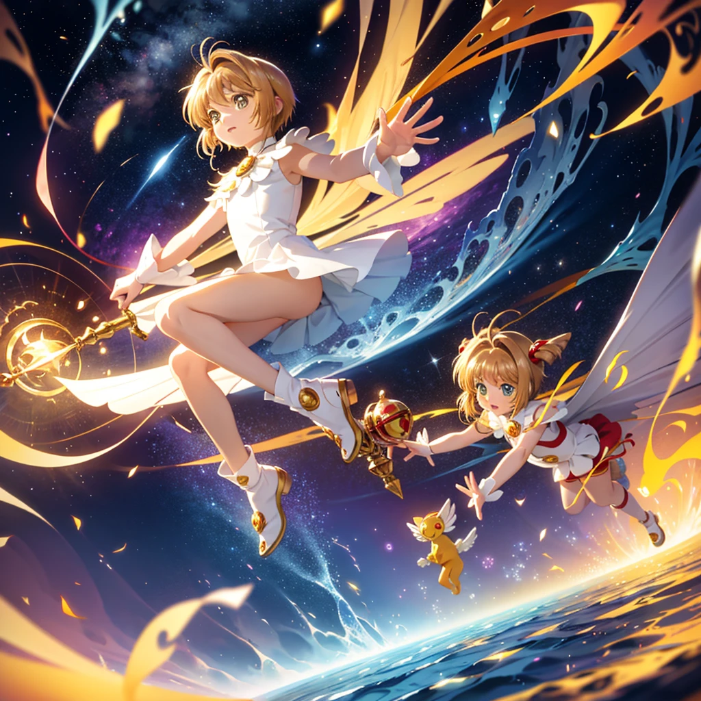 realistic, (masterpiece, excellent quality, highest quality, official art, beautiful and aesthetic: 1.2),(flight:1.4) very detailed, fractal art, colorful, more detailed, (abstract background: 1.5) (1 girl: 1.3), light brown hair, bright eyes, Hilarious, Hairstyle back, short hair, , milky way, Giant magic golden Sagittarius astrolabe, dream, fantasy, Golden trim, beautiful and detailed sky, Style and decoration, Female-only room, (Sakura Cardcaptor)