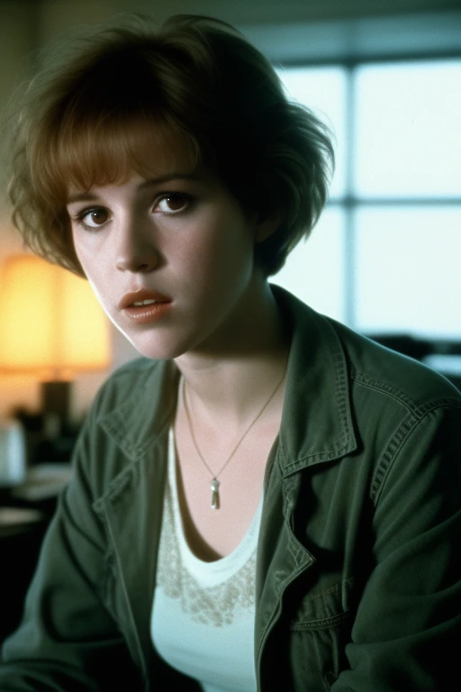 Eighteen-year-old Molly Ringwald, frowning, with messy/shaggy razored/layered bob haircut with sideswept bangs, wearing an olive-drab jacket with sleeves pushed up, a watch necklace, white tank top, driving gloves and jeans, hi-tech laboratory setting, extremely realistic, extremely detailed, extreme realism, extreme detail, cinematic, extremely accurate resemblance, scene from 1986 psychological sci-fi horror/thriller film, shot on 35mm film, directed by Michael Mann, cinematography by Dante Spinotti, florescent lighting, muted color scheme, muted color palette, dark, moody, neo-noir, tech-noir, atmospheric, near future, brooding, brooding anti-heroine, 4k ultra high definition remaster from the original 35mm film elements, taken from Criterion Collection 4k Blu-Ray release, cult classic, masterpiece