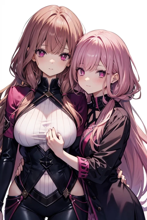 A pink haired woman with violet eyes with an hourglass figure is clutching a brown haired woman with red eyes to her chest