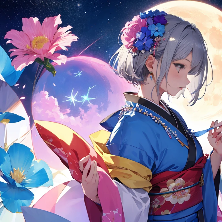 giant moon, 1 girl, alone, short hair, hair decoration, jewelry, kimono, upper body, flower, gray hair, hair flower, necklace, profile, pink flower, blue flower, abstract, vivid is flower, dancing flower, realistic flower