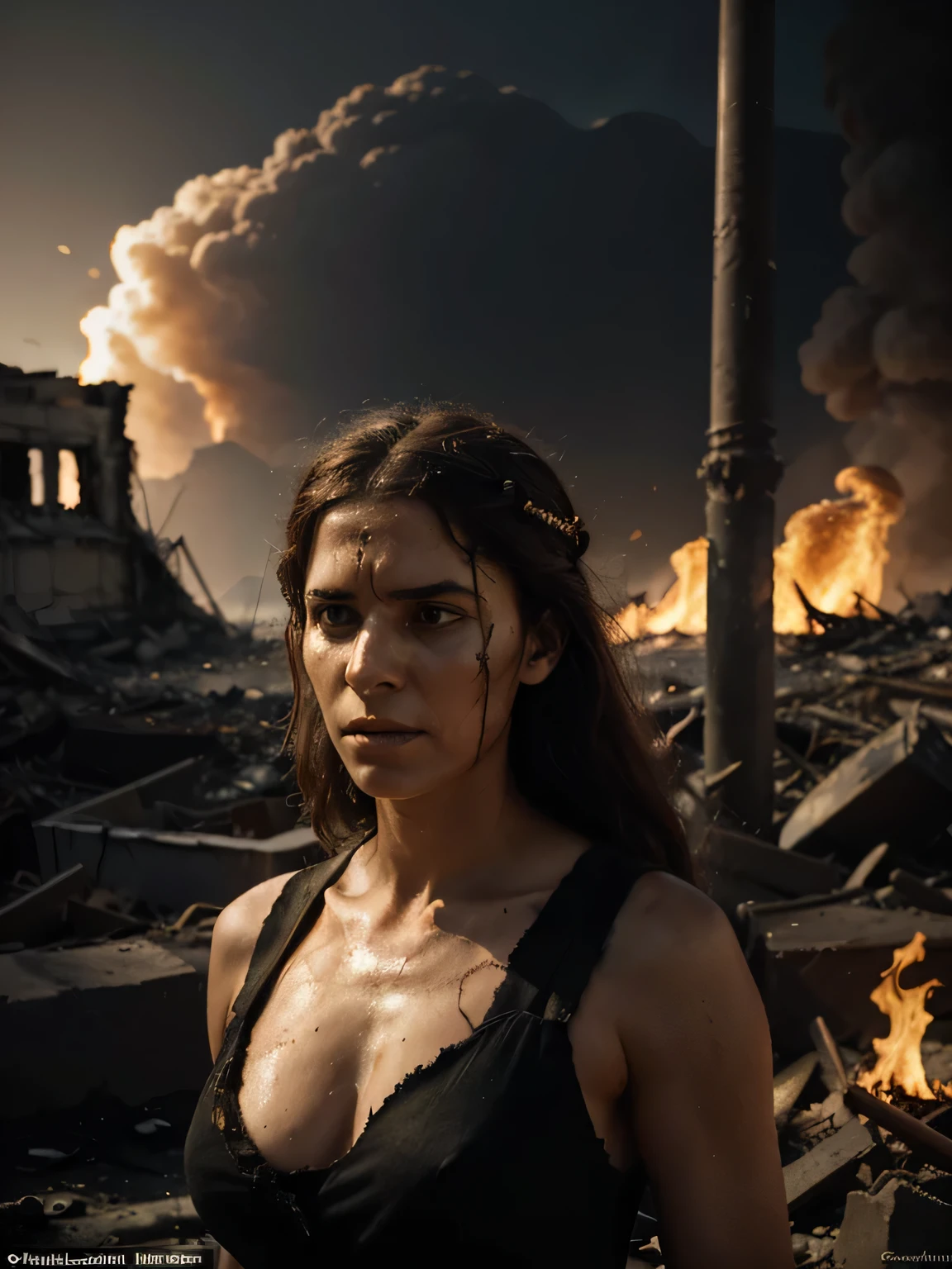 Design a poignant poster for a theater show titled 'Die Treuerinnen,' featuring Hecuba, the wounded queen of Troy, in the midst of the ruins and flames of the fallen city. Depict Hecuba with torn and burnt clothing, bearing visible signs of injury and weariness. Use lighting to emphasize the raw emotion on her face, reflecting both physical pain and the weight of loss. The composition should highlight the resilience of Hecuba as she stands amid the devastation, symbolizing the tragic aftermath of the Trojan War. Ensure the title 'Requiem for Troy' is prominently placed on the upper side of the poster, framing the evocative image and offering a compelling visual narrative for the audience
