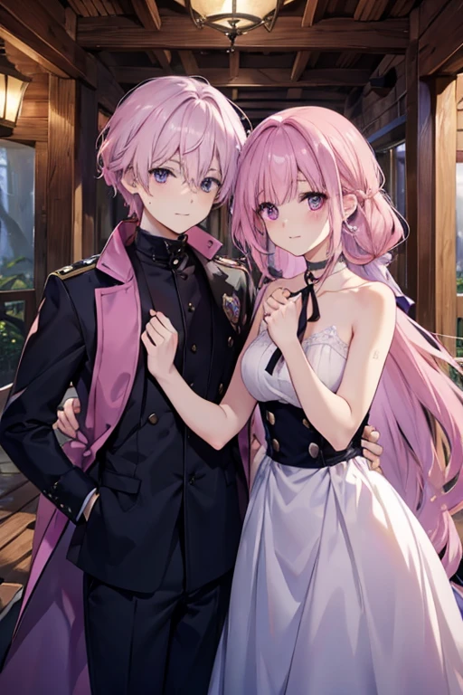 A pink haired woman with violet eyes with an hourglass figure is holding a navy haired boy with violet eyes in front of a cabin