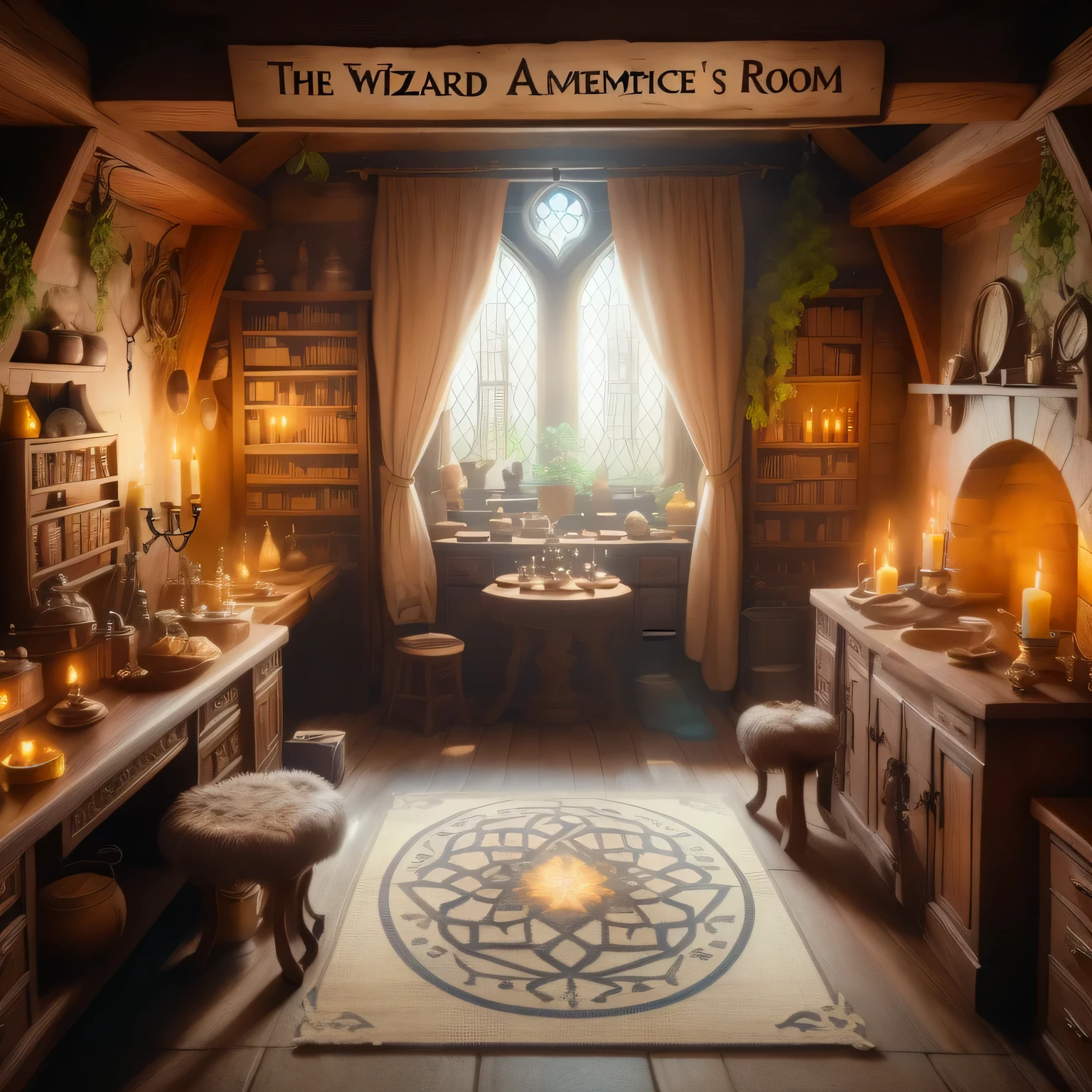 Jie Zuo、There is a room with a fireplace and a table with candles, a wizard's apothecary, Wizards Laboratory, It's in the wizard's shop, fantasy alchemist laboratory, Wizard-themed, Home Wiccan Scene, Setting Up Magic Lab, Adventure ultra-realistic rendering, Inside an old magic shop, Wizard Hat Cinematic Lighting, rendered in unreal engine 6, realistic fantasy rendering, alchemist library background