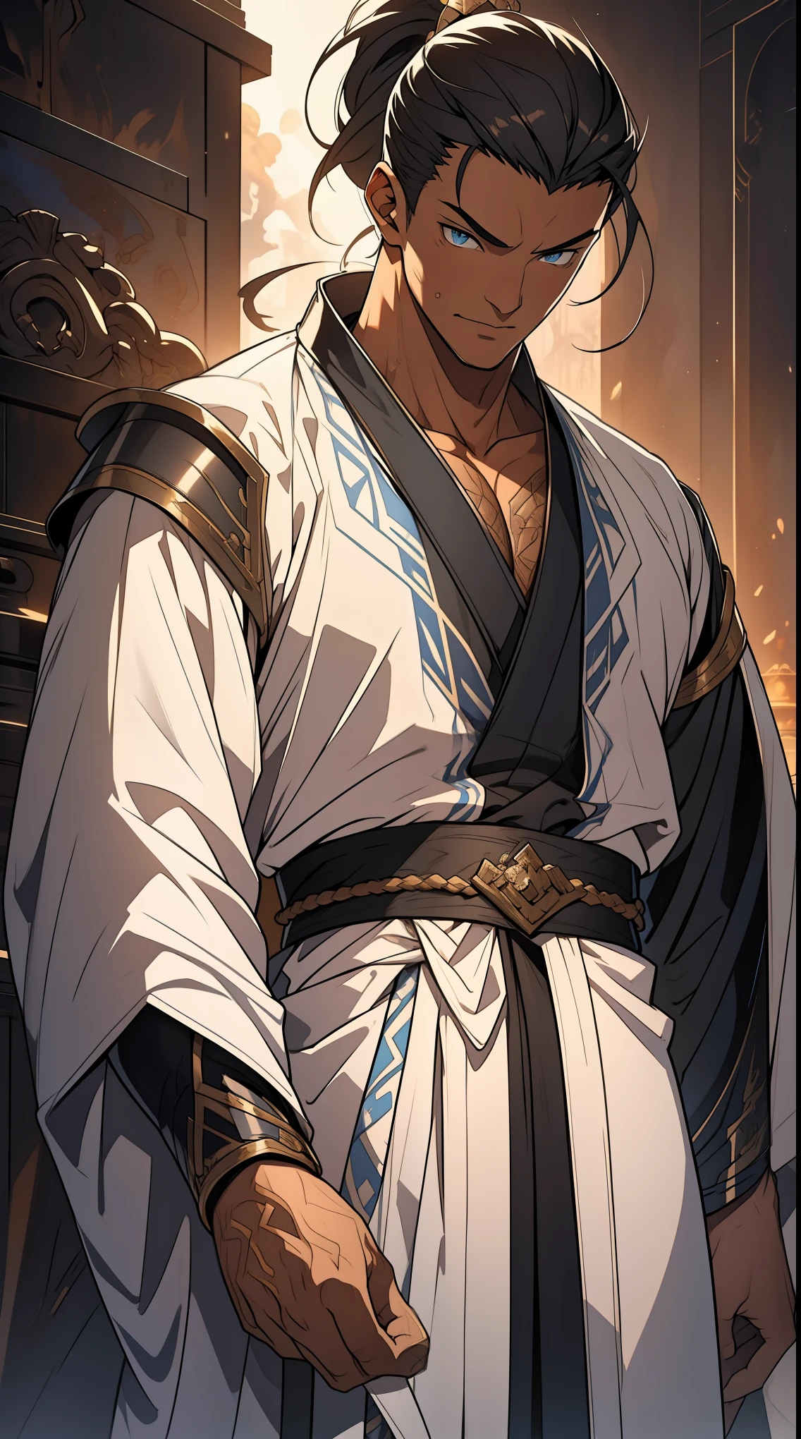 quadratic element,style of anime,mtu(Male Warrior),The proportions are correct,Face details,swordsmen,High ponytail hairstyle,Neck details,There is an Adam's apple,White robe,kaftan,long white robe,clothes details,Handing over,longer sleeves,Game quality,Swordsmanship,Light and shadow tracking,Ray traching,detailed glow,cg render,hair detail,cabelos preto e longos,blue colored eyes,Handsome,Handsome,(juvenile sense),Clothing is complicated,Perfectcomposition,Refinement,high qulity,higher details,Lots of details,The background is complex,a sense of atmosphere,