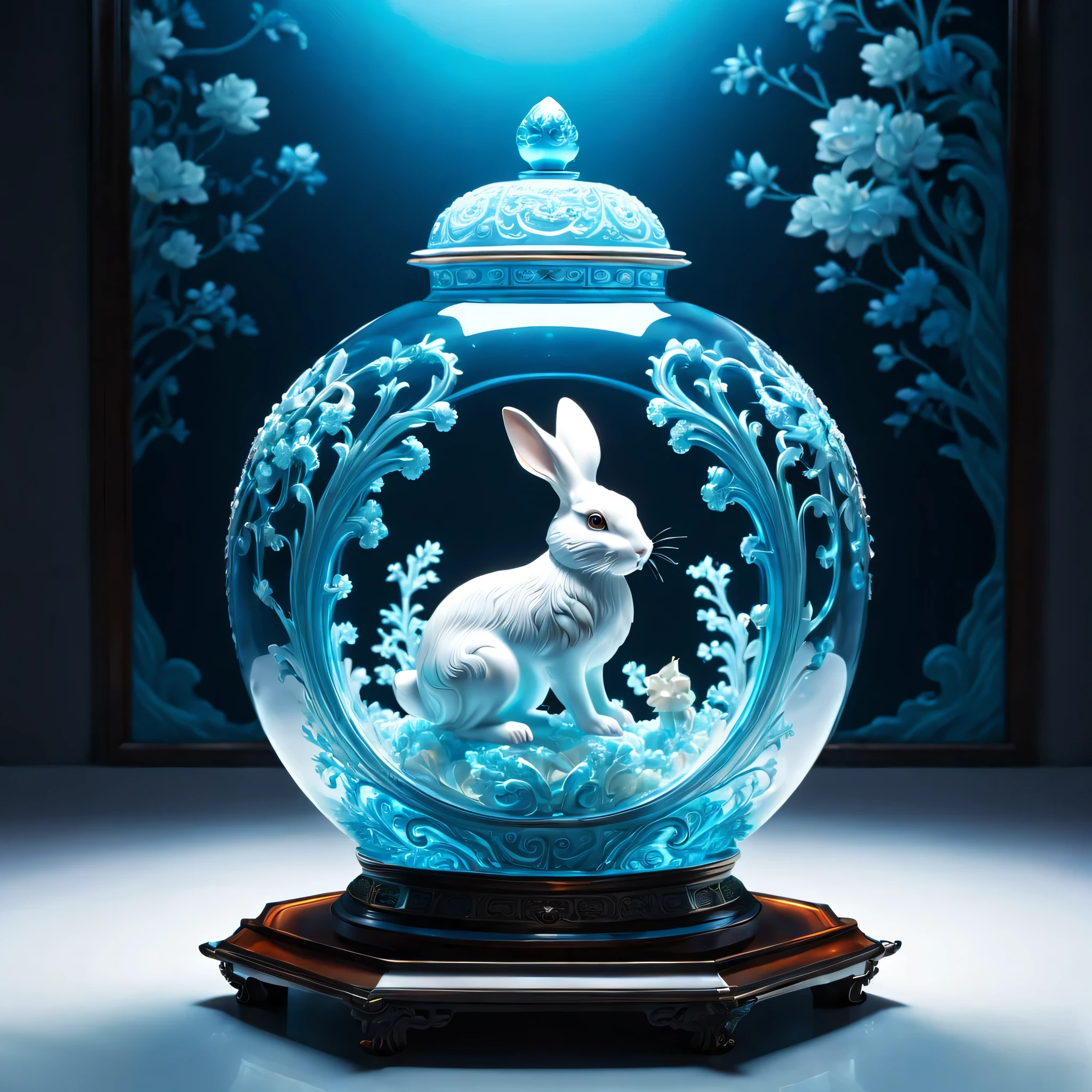 An oriental style vase is displayed in an empty room,There is a rabbit inside, RococoStyle, Crystal nuclei, Realistic light depiction, interesting and complex, light blue, hidden academia, World pattern,The body of the vase is illuminated by light, RococoStyle, futuristic elements, Crystal nuclei, Chinese iconography, swirl, light blue, giant money sculpture, Futuristic fantasy style, light blue, An intricate underwater world, Realistic light depiction, clear colors, Crystal nuclei, Light cyan and white, An intricate underwater world风格, Crystal nuclei, chinapunk, swirl, light blue, Glowing portrait, light box,(best quality,4K,8k,high resolution,masterpiece:1.2),super detailed,(actual,realistically,lifelike:1.37),extremely detailed glass vase,There is a rabbit on it,super detailedscp神器可以,Complex and gorgeous anime CGI style,Exquisite renderings of the Tang Dynasty,Better than Paul and James Ginn,complex artwork. Guilty car rendering,Complex 8K rendering,8k vray rendering,rendering art,filled with glass. Computer Graphics Association,High quality rendering