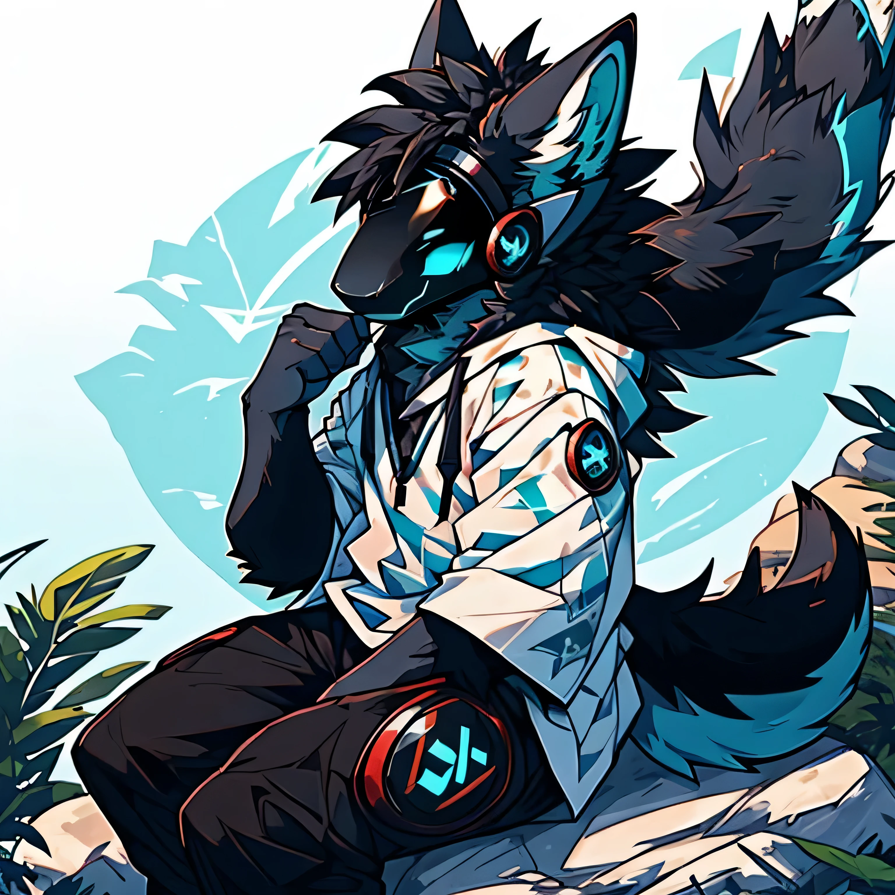 in forest, fine background,high quality , sitting on rock, looking at viewer, Long fluffy samurai hair, Black hair, Wolf tail, adult, Black hoodie, Blue-cyan visor eyes, two eyes , Black ears, protogen visor, Wear a short-sleeved shirt, solo person, slightly sad face, shotgun resting on thigh